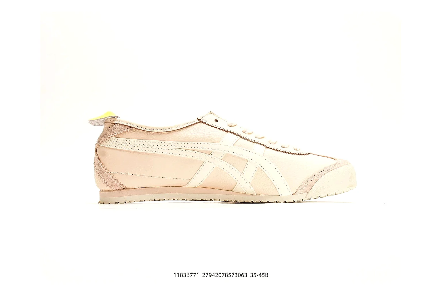 Onitsuka Tiger Mexico 66 Cream Yellow Sneakers QC photo reference showing cream yellow low-top sneakers with leather texture, side-profile shape, upper panel lines, and outsole detail thumbnail 5