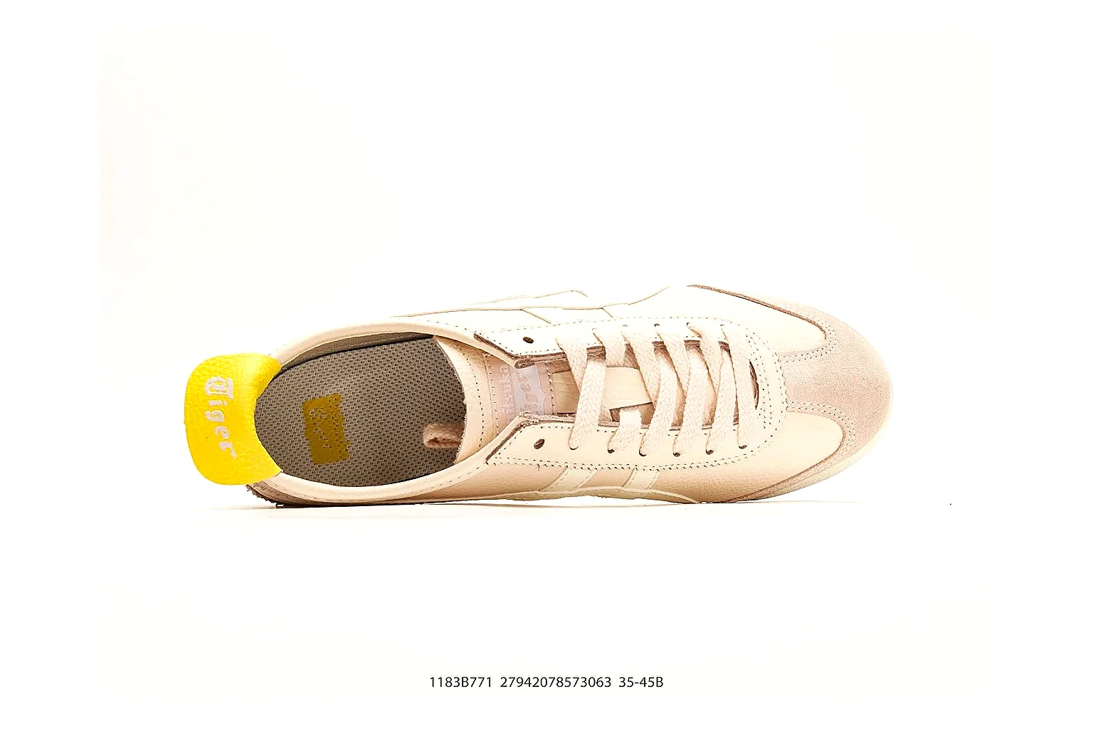 Onitsuka Tiger Mexico 66 Cream Yellow Sneakers QC photo reference showing cream yellow low-top sneakers with leather texture, side-profile shape, upper panel lines, and outsole detail thumbnail 6
