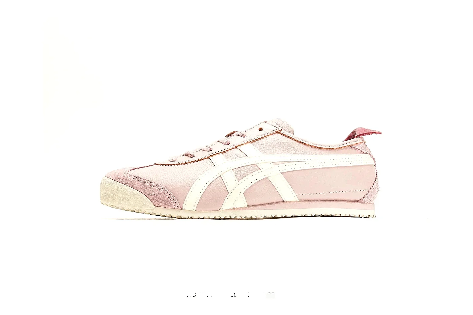 Onitsuka Tiger Mexico 66 Pink White Sneakers QC photo reference showing pink white low-top sneakers with leather texture, side-profile shape, upper panel lines, and outsole detail