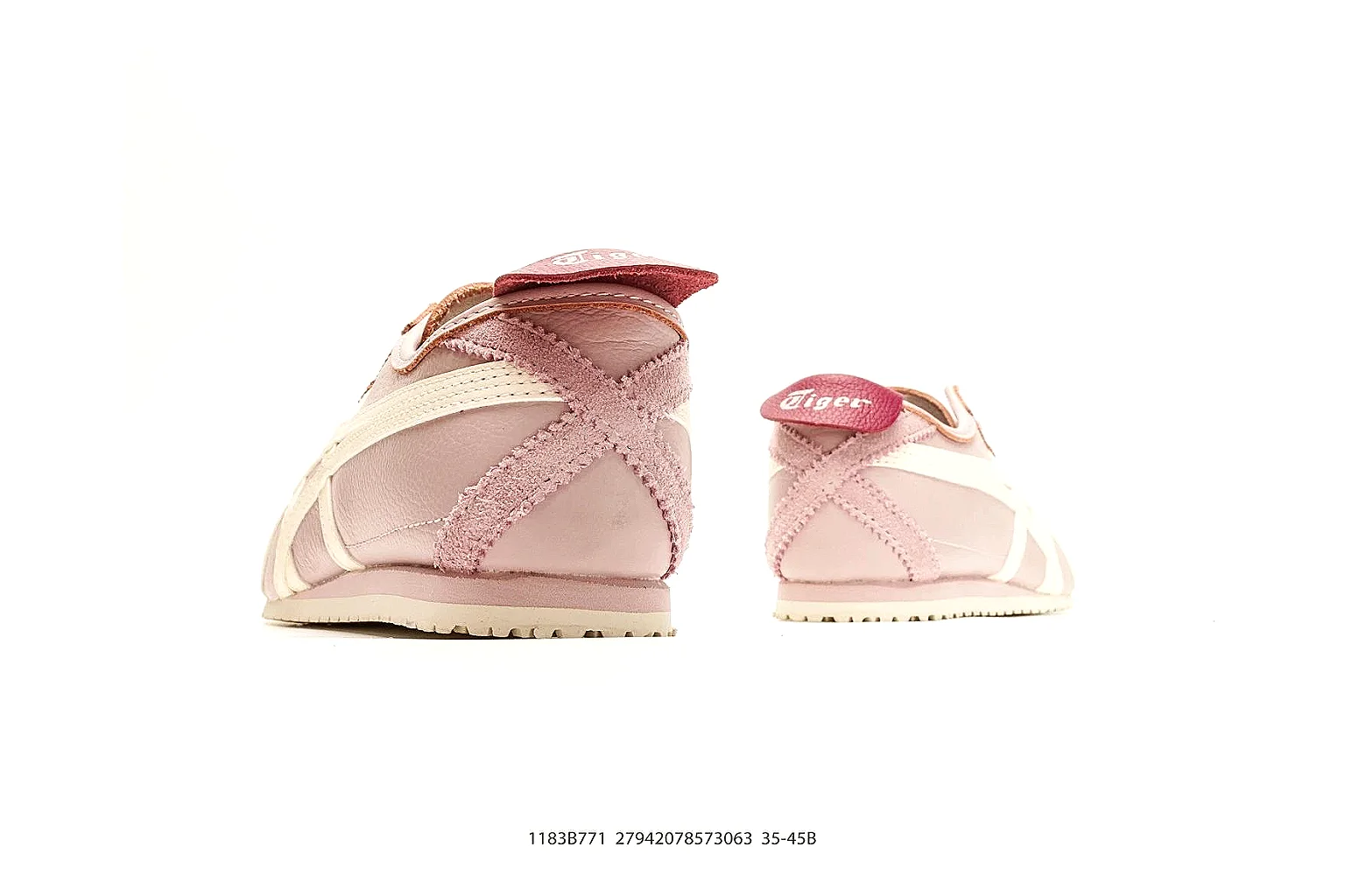 Onitsuka Tiger Mexico 66 Pink White Sneakers QC photo reference showing pink white low-top sneakers with leather texture, side-profile shape, upper panel lines, and outsole detail