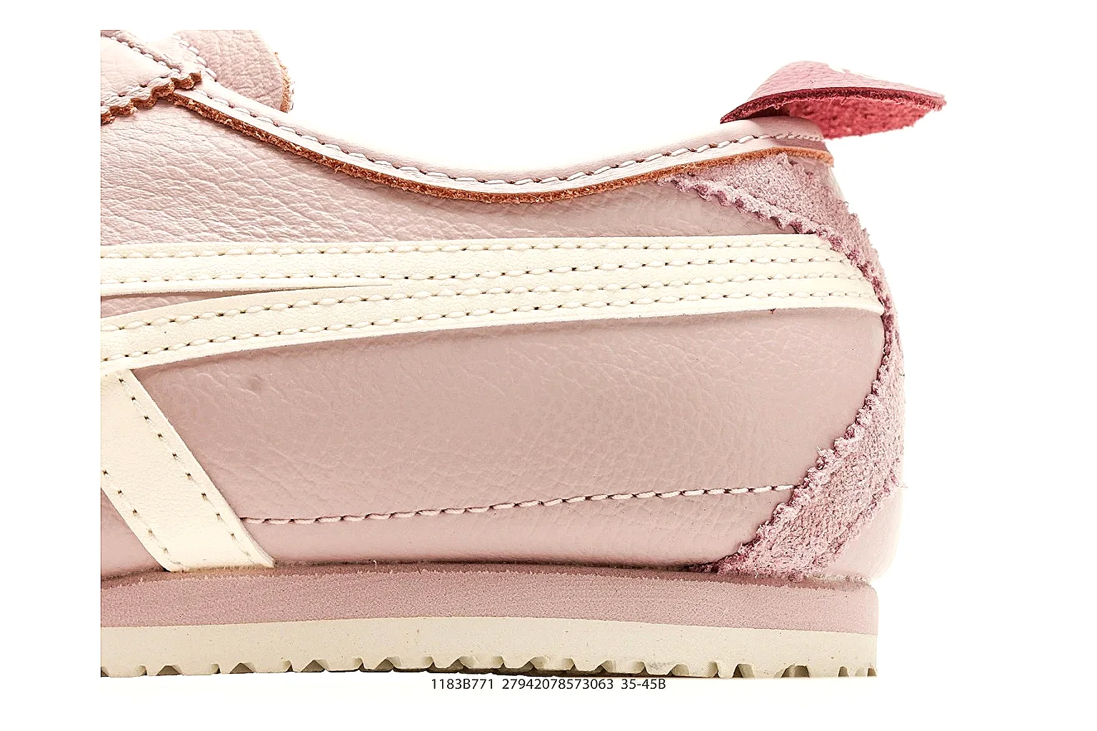 Onitsuka Tiger Mexico 66 Pink White Sneakers QC photo reference showing pink white low-top sneakers with leather texture, side-profile shape, upper panel lines, and outsole detail thumbnail 4