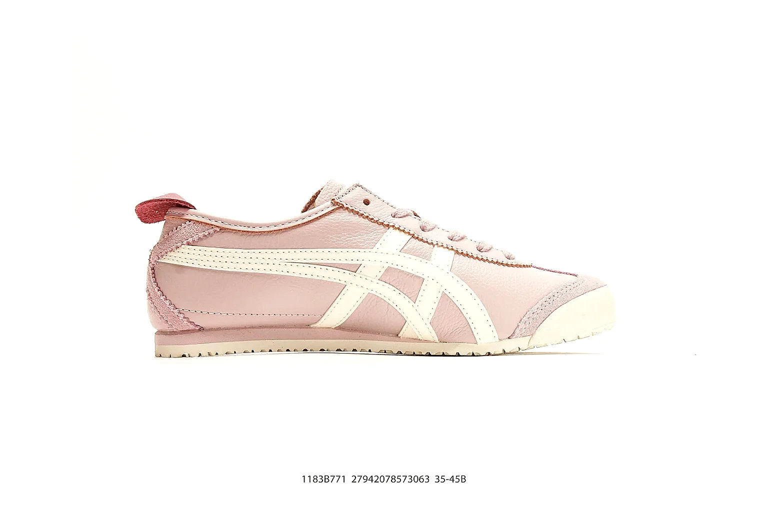 Onitsuka Tiger Mexico 66 Pink White Sneakers QC photo reference showing pink white low-top sneakers with leather texture, side-profile shape, upper panel lines, and outsole detail thumbnail 5