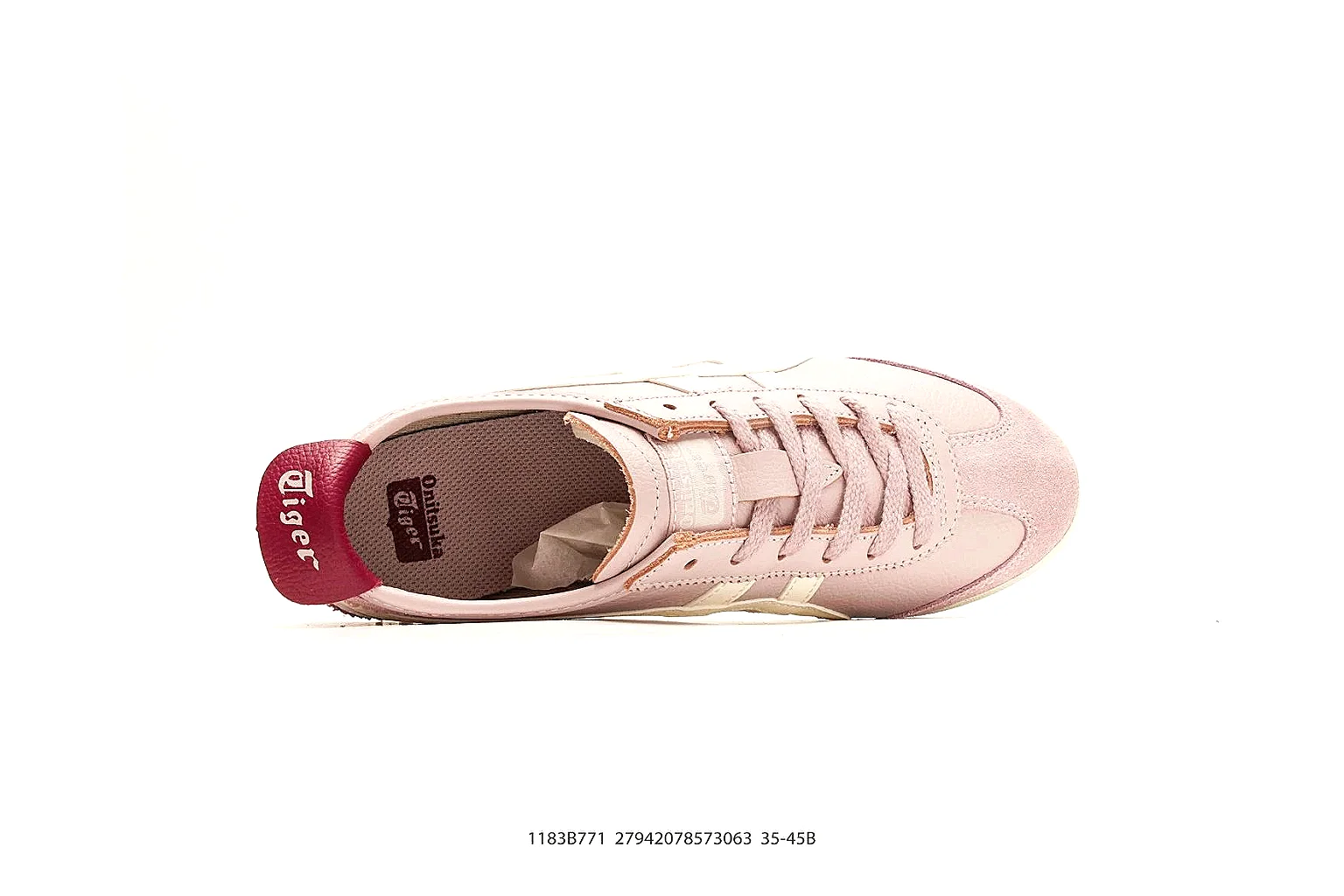 Onitsuka Tiger Mexico 66 Pink White Sneakers QC photo reference showing pink white low-top sneakers with leather texture, side-profile shape, upper panel lines, and outsole detail thumbnail 6