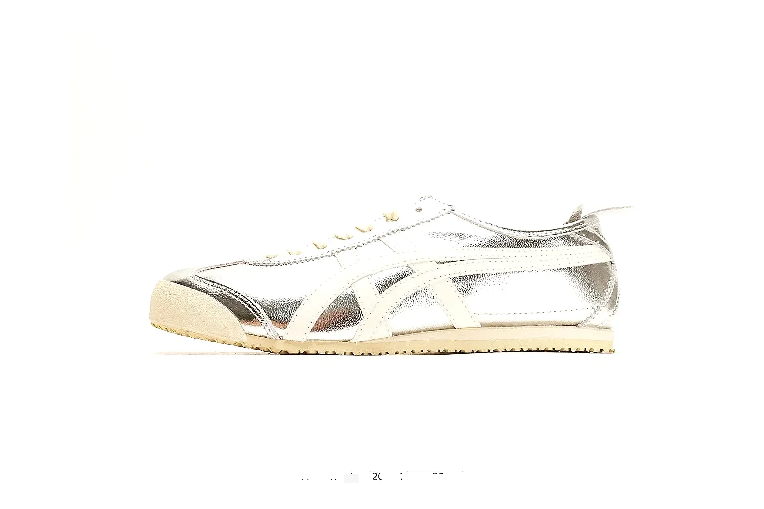 Onitsuka Tiger Mexico 66 Silver White Sneakers QC photo reference showing silver white low-top sneakers with metallic-leather texture, side-profile shape, upper panel lines, and outsole detail