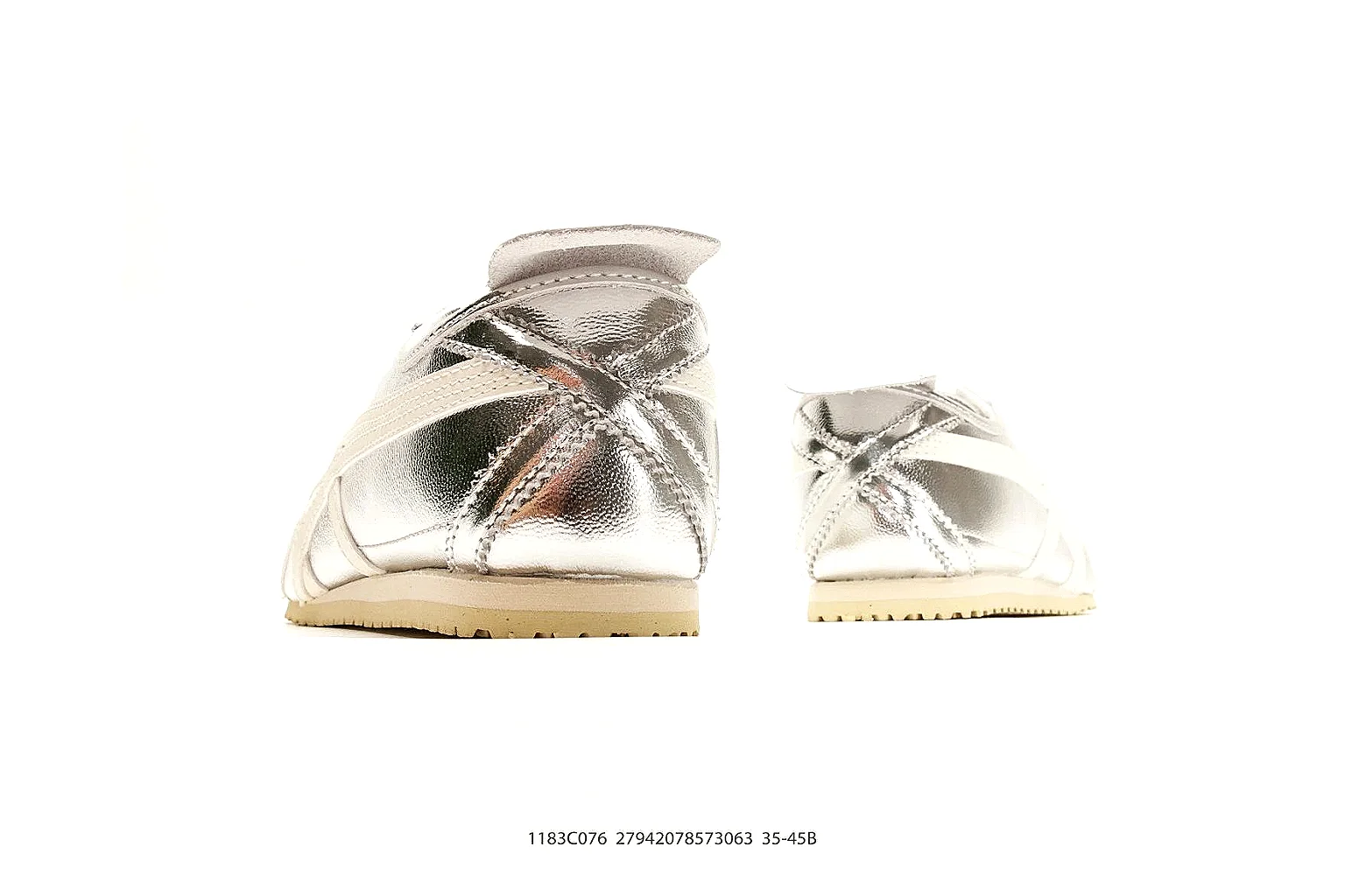 Onitsuka Tiger Mexico 66 Silver White Sneakers QC photo reference showing silver white low-top sneakers with metallic-leather texture, side-profile shape, upper panel lines, and outsole detail