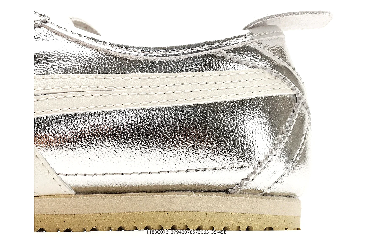 Onitsuka Tiger Mexico 66 Silver White Sneakers QC photo reference showing silver white low-top sneakers with metallic-leather texture, side-profile shape, upper panel lines, and outsole detail thumbnail 4