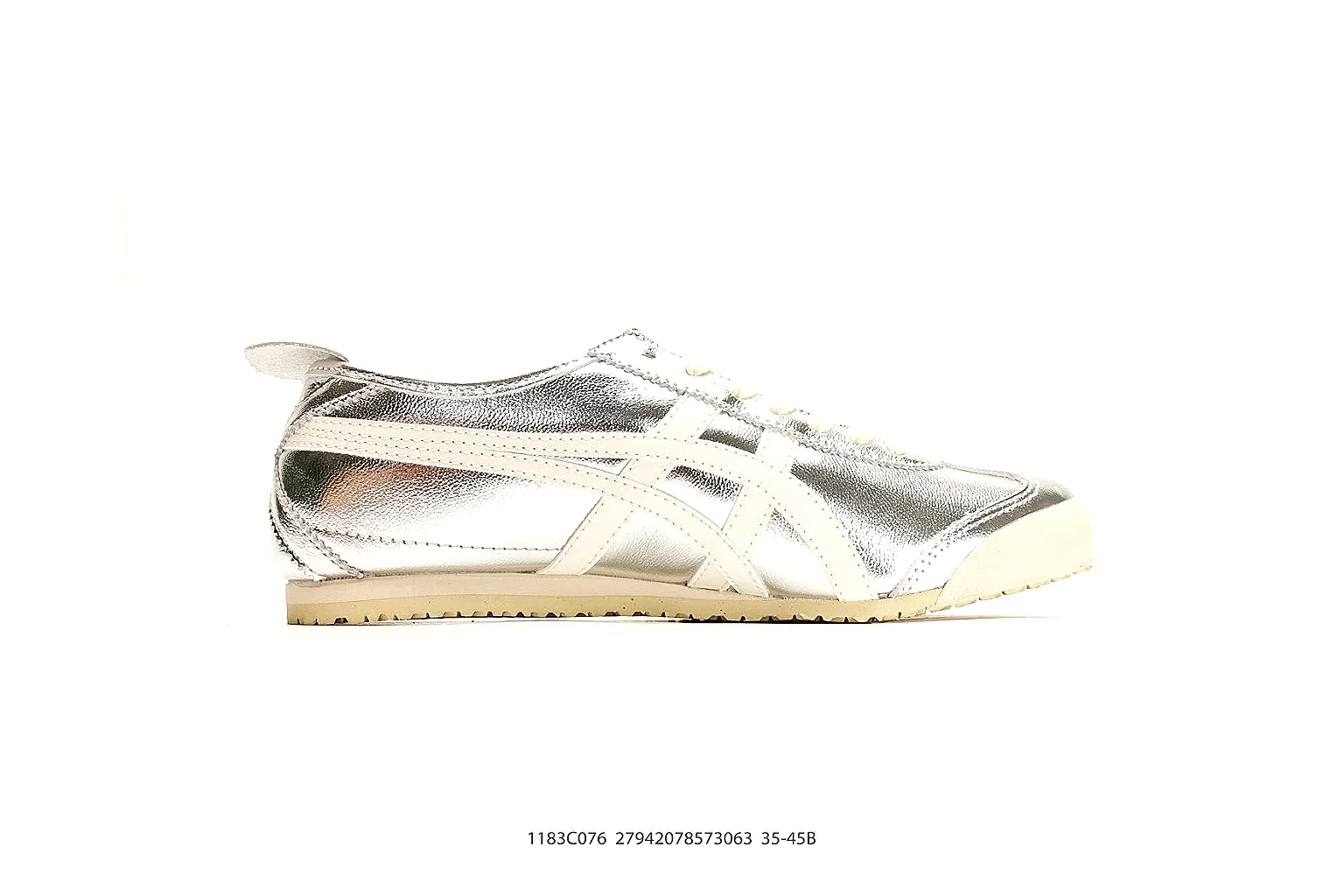 Onitsuka Tiger Mexico 66 Silver White Sneakers QC photo reference showing silver white low-top sneakers with metallic-leather texture, side-profile shape, upper panel lines, and outsole detail thumbnail 5