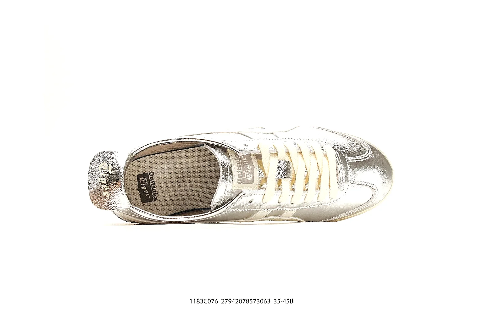 Onitsuka Tiger Mexico 66 Silver White Sneakers QC photo reference showing silver white low-top sneakers with metallic-leather texture, side-profile shape, upper panel lines, and outsole detail thumbnail 6