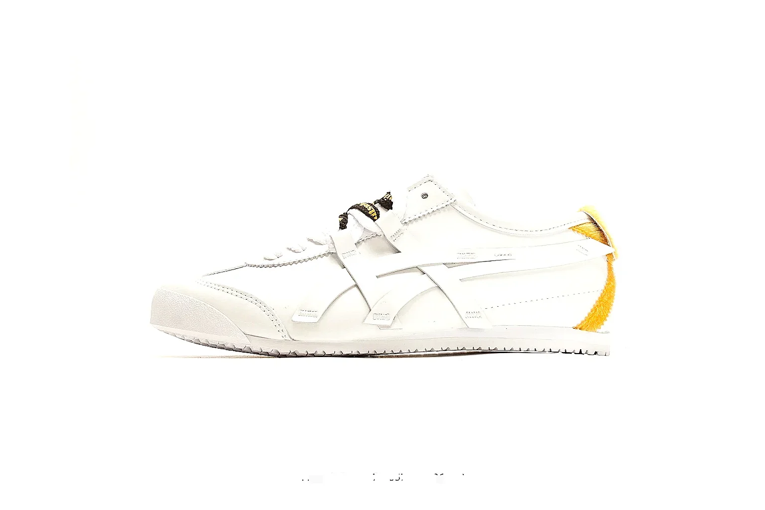 Onitsuka Tiger Mexico 66 White Yellow QC reference photo showing white leather low-top upper, yellow Onitsuka side stripes, slim retro runner profile, and flat sole