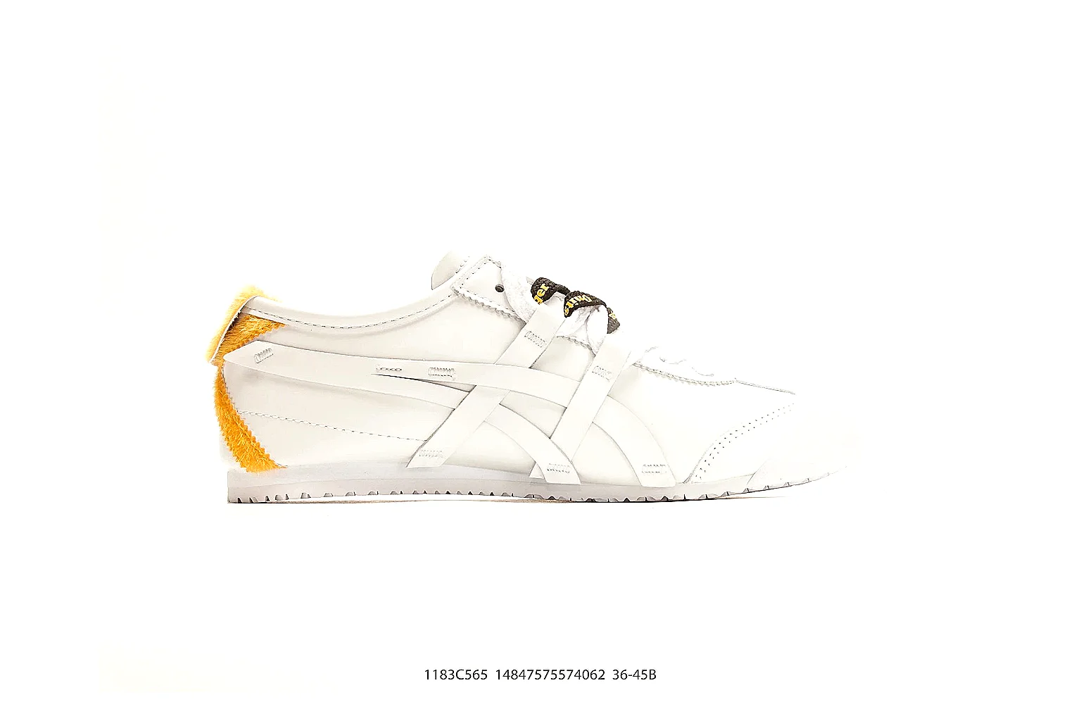 Onitsuka Tiger Mexico 66 White Yellow QC reference photo showing white leather low-top upper, yellow Onitsuka side stripes, slim retro runner profile, and flat sole thumbnail 5