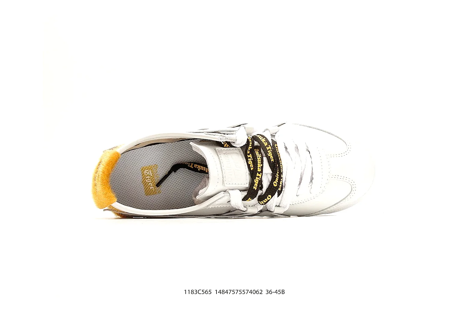 Onitsuka Tiger Mexico 66 White Yellow QC reference photo showing white leather low-top upper, yellow Onitsuka side stripes, slim retro runner profile, and flat sole thumbnail 6