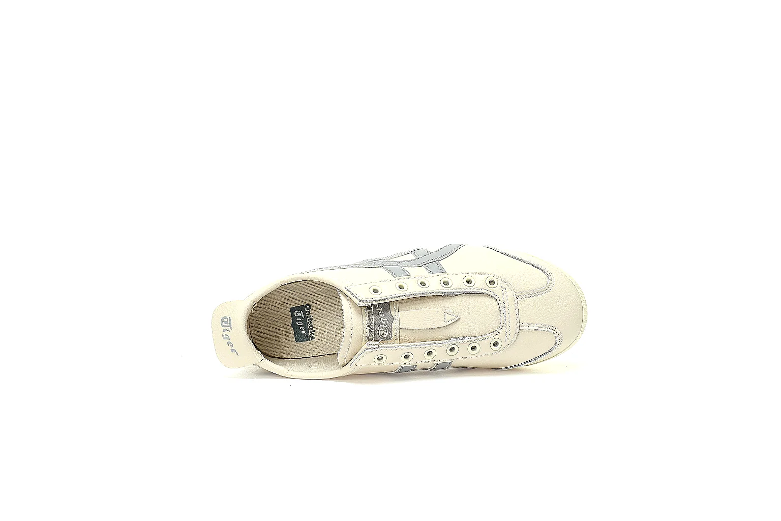 Six-angle QC gallery of a cream-grey laceless low-top with outsole and interior views