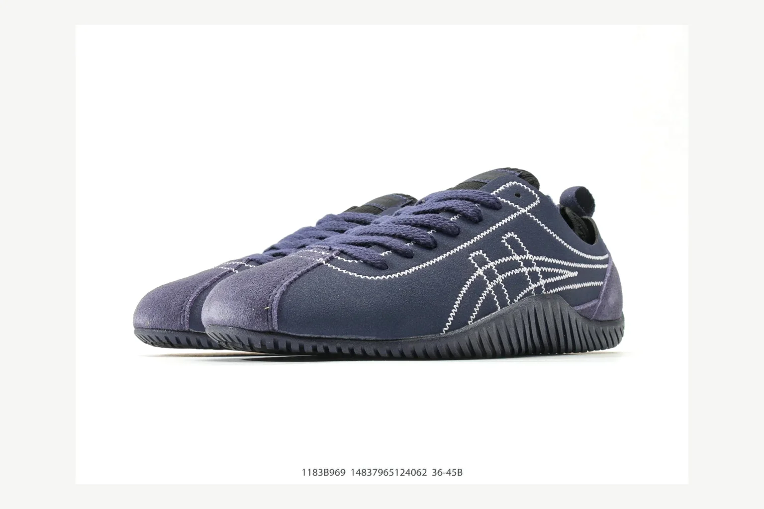 Onitsuka Tiger Navy Low Sneaker QC photo showing navy retro stripe low-top with mixed-material upper and low-profile shape thumbnail 3