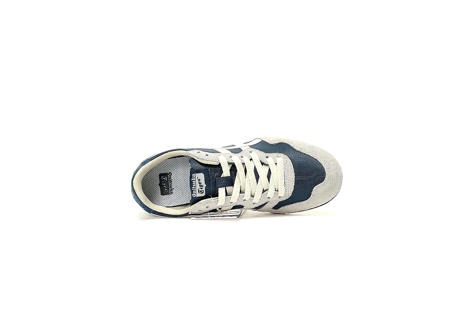 Onitsuka Tiger Serrano-style navy cream low-top shown across six QC angles