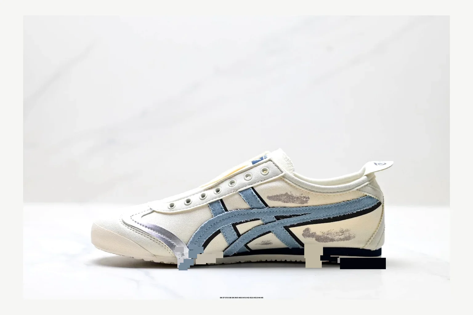 Onitsuka Tiger White Blue Sneaker QC photo showing white blue retro stripe low-top with mixed-material upper and low-profile shape