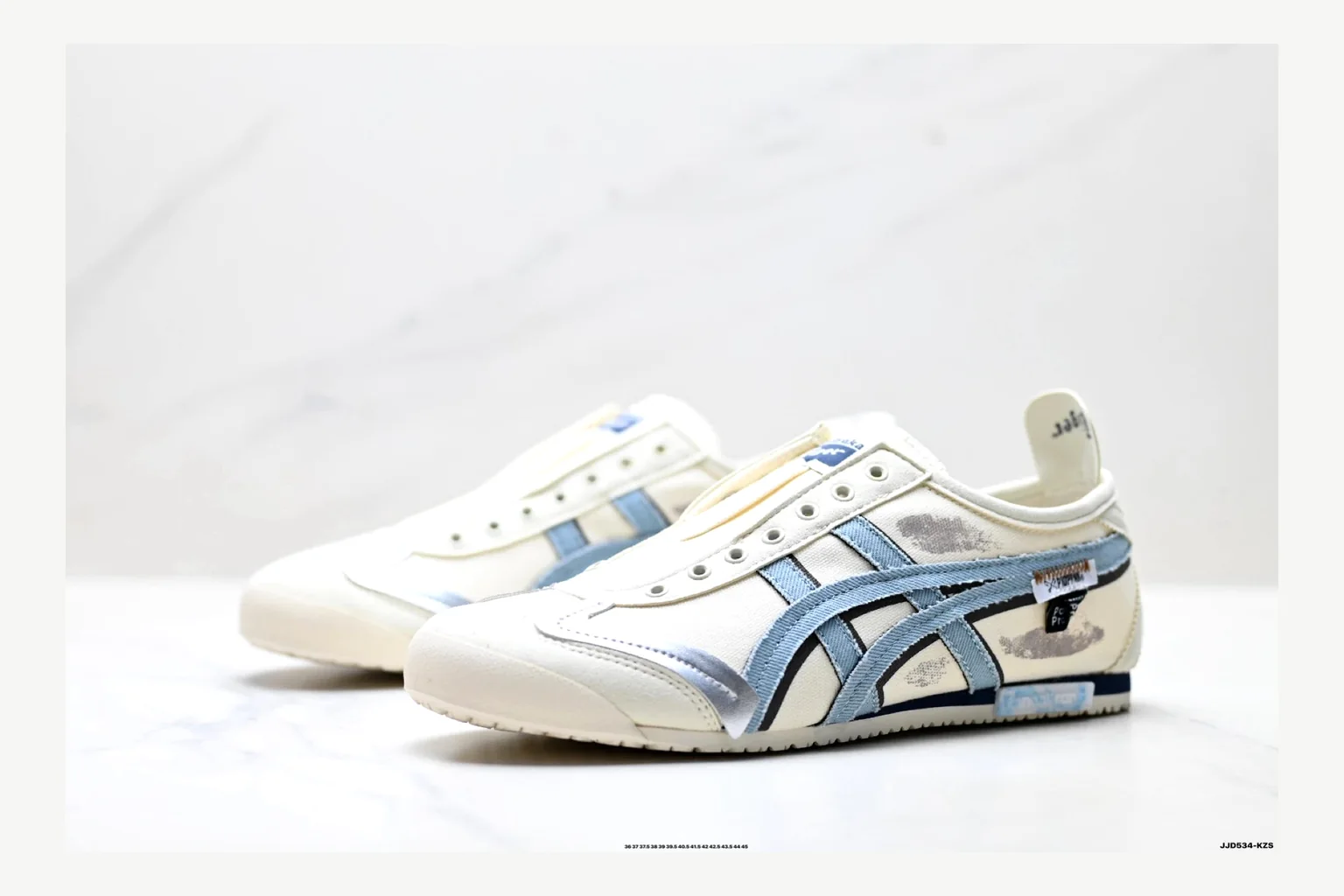 Onitsuka Tiger White Blue Sneaker QC photo showing white blue retro stripe low-top with mixed-material upper and low-profile shape