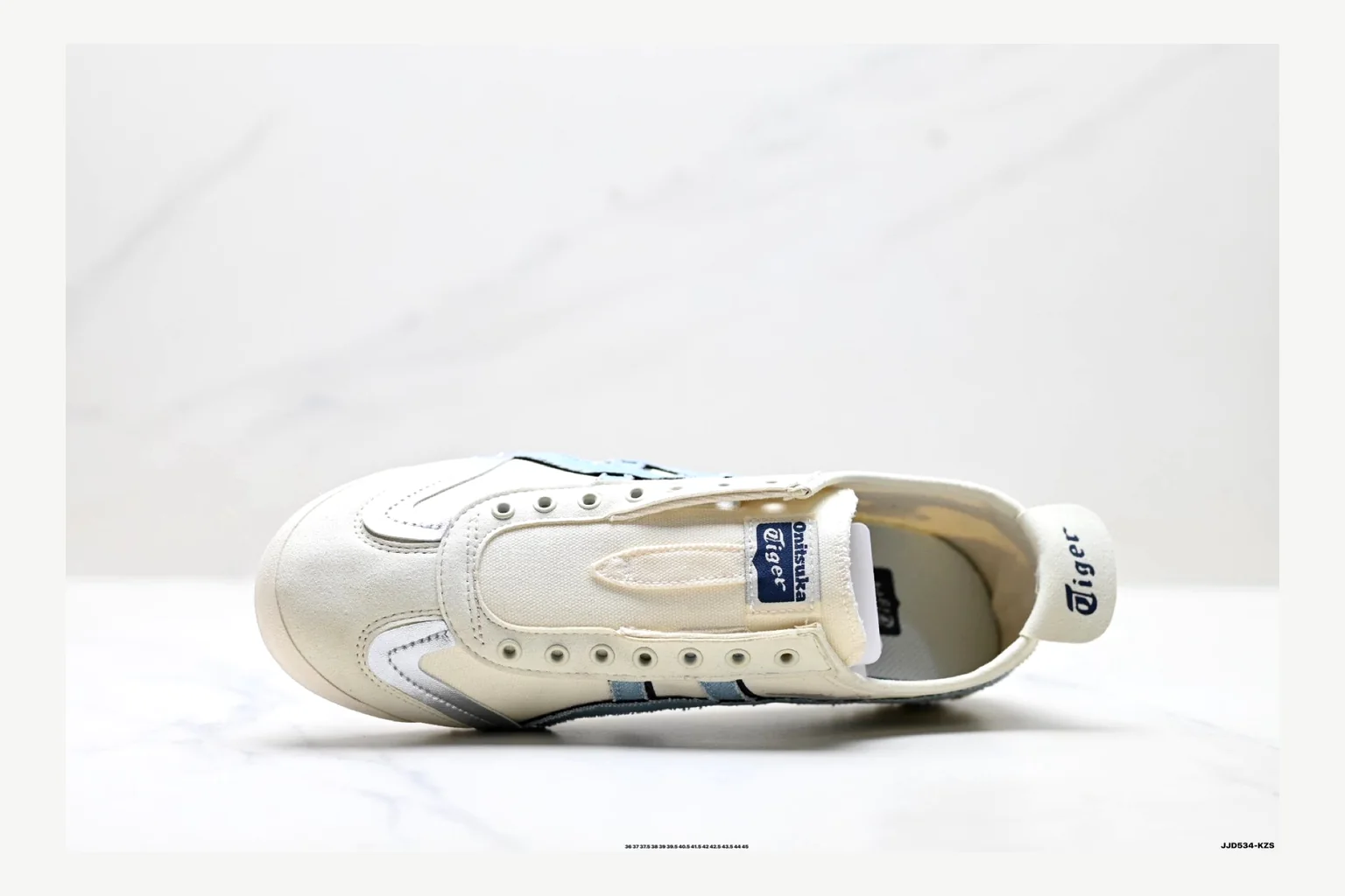 Onitsuka Tiger White Blue Sneaker QC photo showing white blue retro stripe low-top with mixed-material upper and low-profile shape thumbnail 6