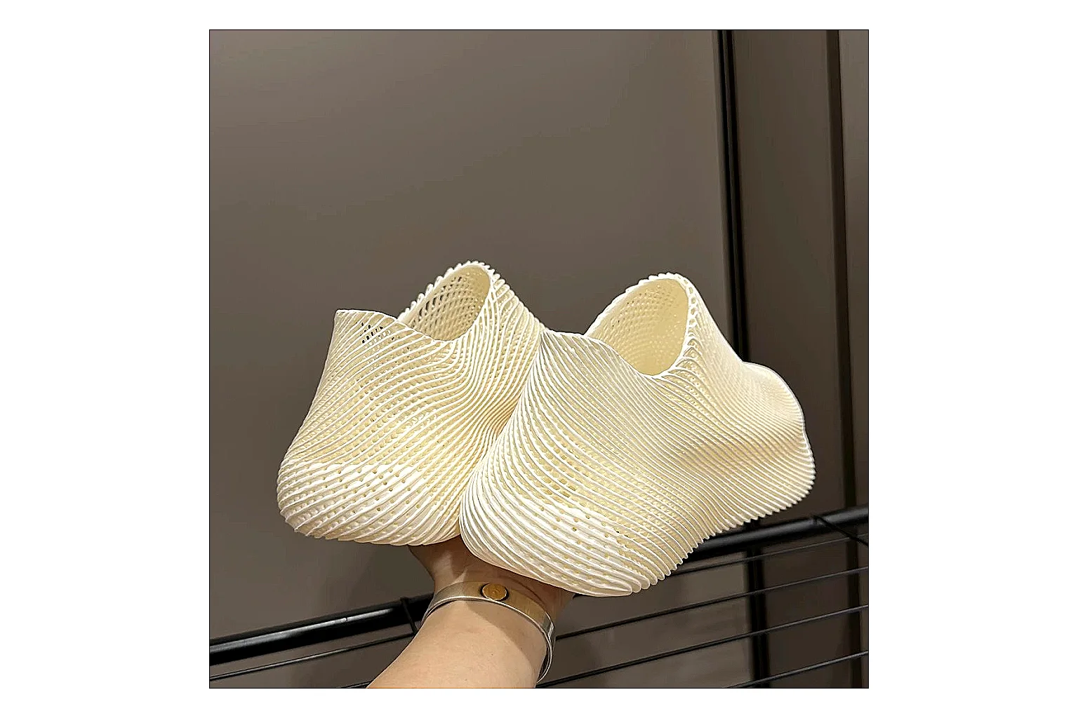 Other 4D Printed Cream Slip-On Sneakers QC reference photo showing cream open-grid upper, seamless slip-on profile, sculpted sole, and soft futuristic casual shape thumbnail 3
