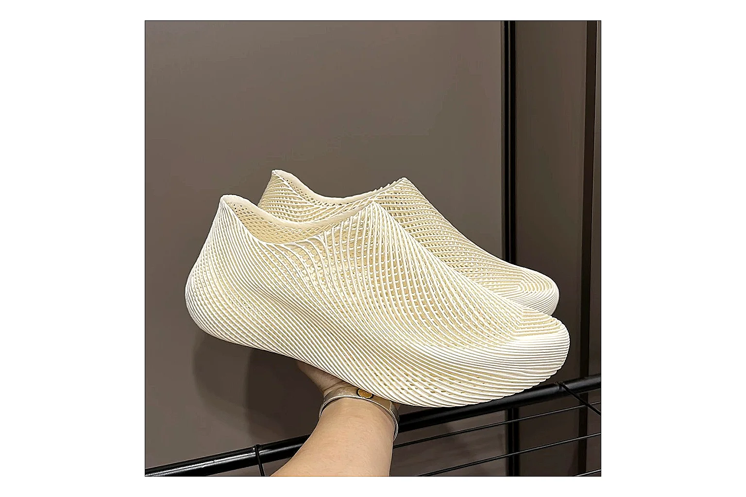 Other 4D Printed Cream Slip-On Sneakers QC reference photo showing cream open-grid upper, seamless slip-on profile, sculpted sole, and soft futuristic casual shape thumbnail 5
