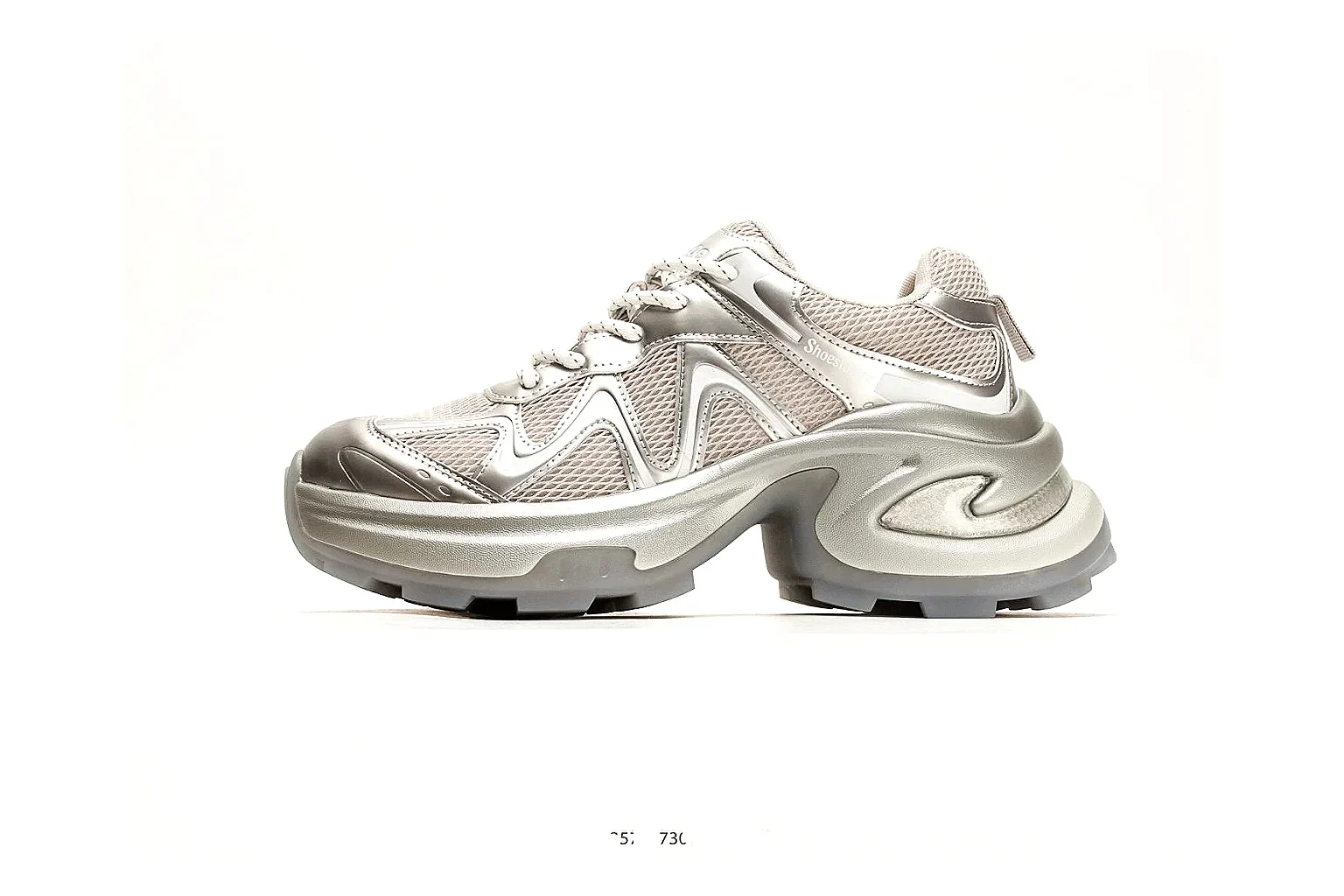 Chunky Runner Silver Gray Sneaker QC reference photo showing silver gray synthetic-mesh upper, layered chunky panels, runner silhouette, and thick cushioned sole