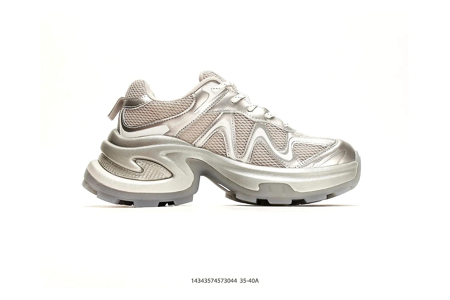 Chunky Runner Silver Gray Sneaker QC reference photo showing silver gray synthetic-mesh upper, layered chunky panels, runner silhouette, and thick cushioned sole thumbnail 5