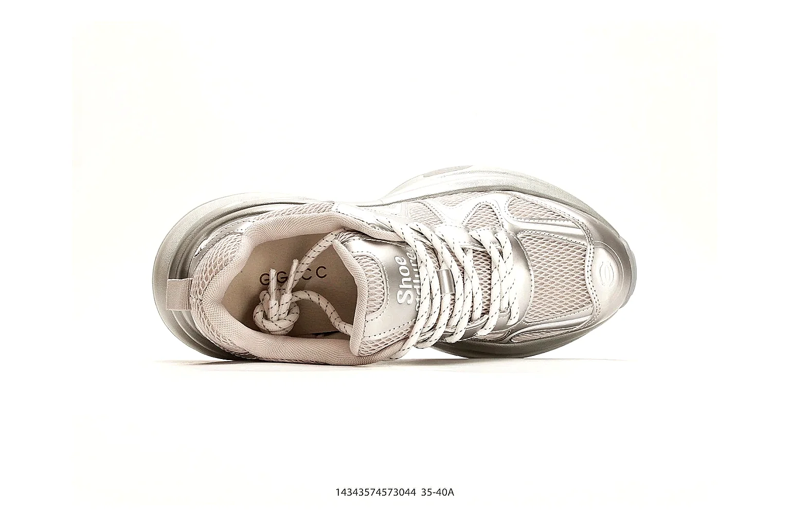 Chunky Runner Silver Gray Sneaker QC reference photo showing silver gray synthetic-mesh upper, layered chunky panels, runner silhouette, and thick cushioned sole thumbnail 6