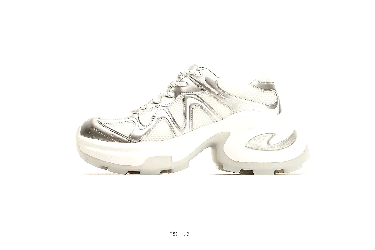 Chunky Runner White Cream Sneaker QC reference photo showing white cream synthetic-mesh upper, chunky runner shape, layered panels, and thick cushioned sole