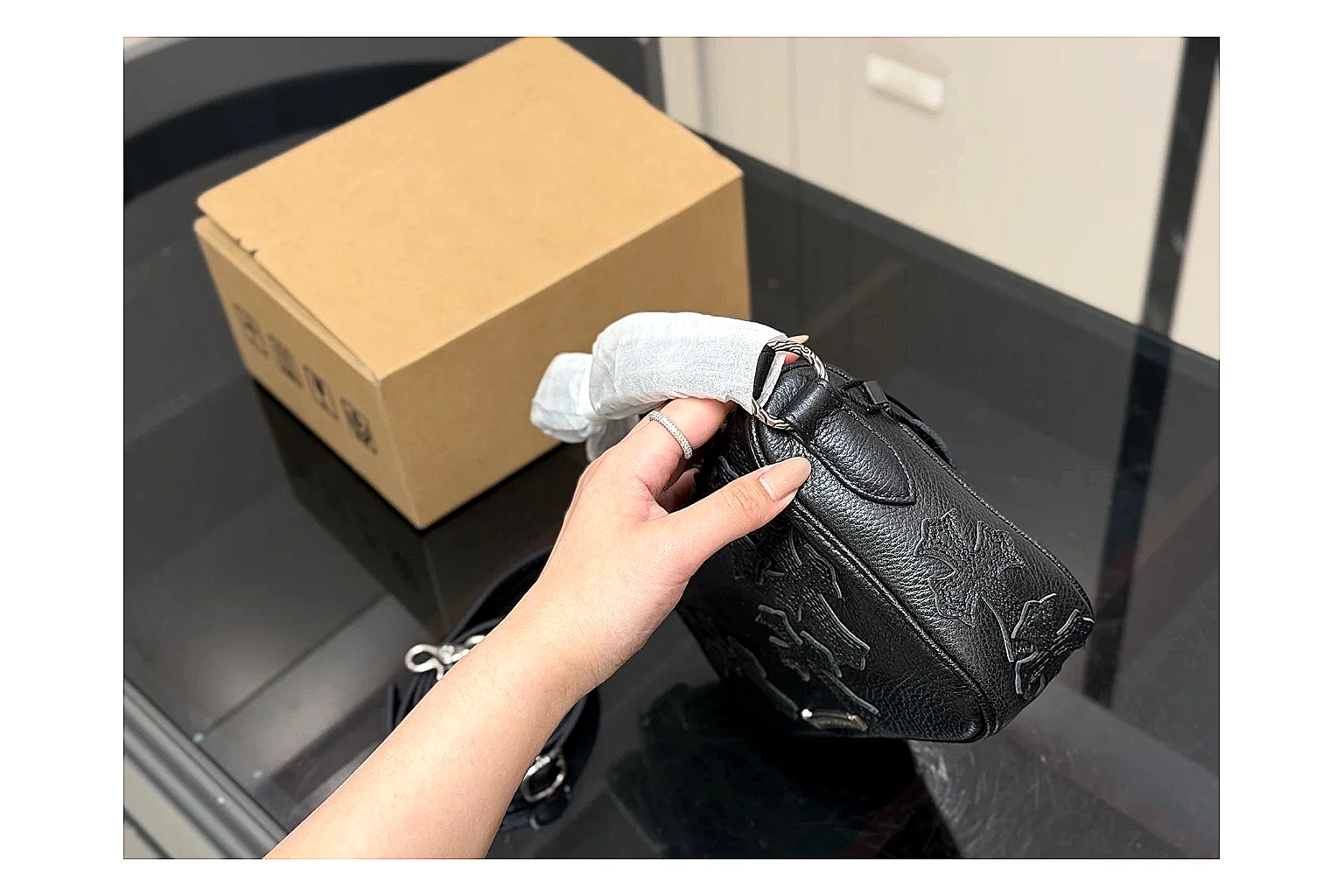 Mini Top Handle Black Bag QC reference photo showing black leather compact bag body, structured handle, clean top-handle shape, and simple hardware thumbnail 4