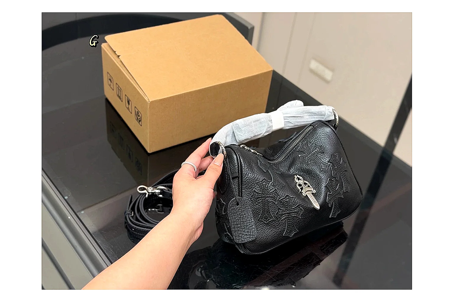 Mini Top Handle Black Bag QC reference photo showing black leather compact bag body, structured handle, clean top-handle shape, and simple hardware thumbnail 5
