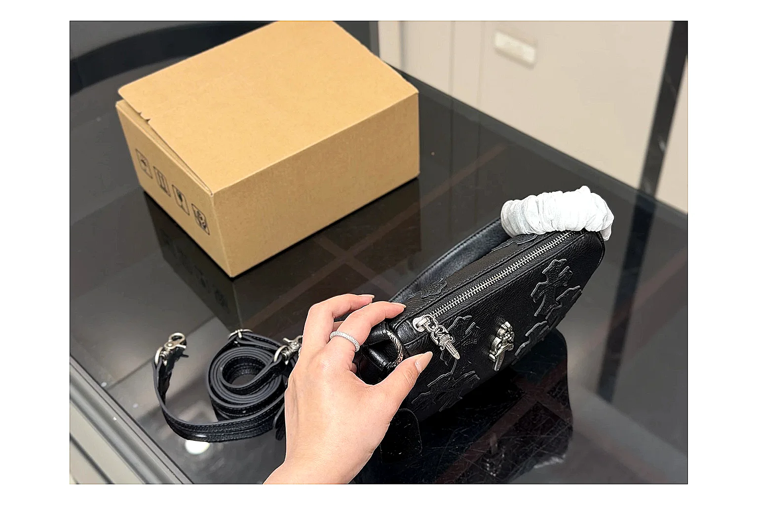 Mini Top Handle Black Bag QC reference photo showing black leather compact bag body, structured handle, clean top-handle shape, and simple hardware thumbnail 6