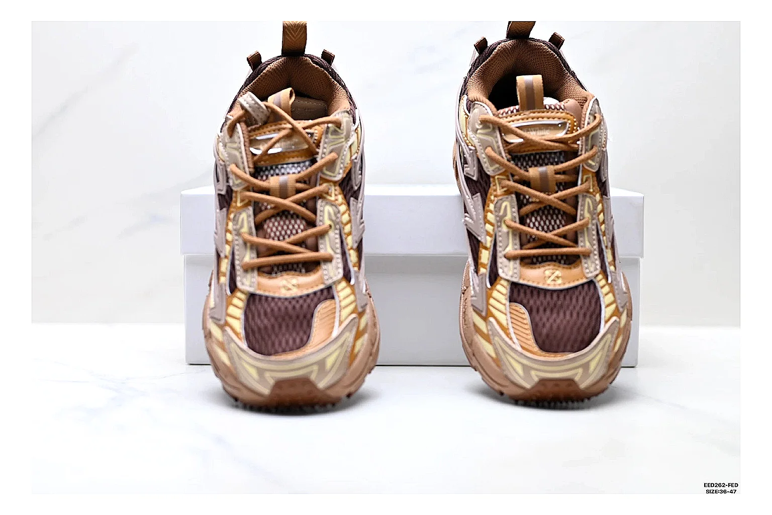 Trail Runner Brown Gold Sneaker QC reference photo showing brown gold mesh-suede runner upper, rugged trail profile, protective overlays, and traction sole thumbnail 4
