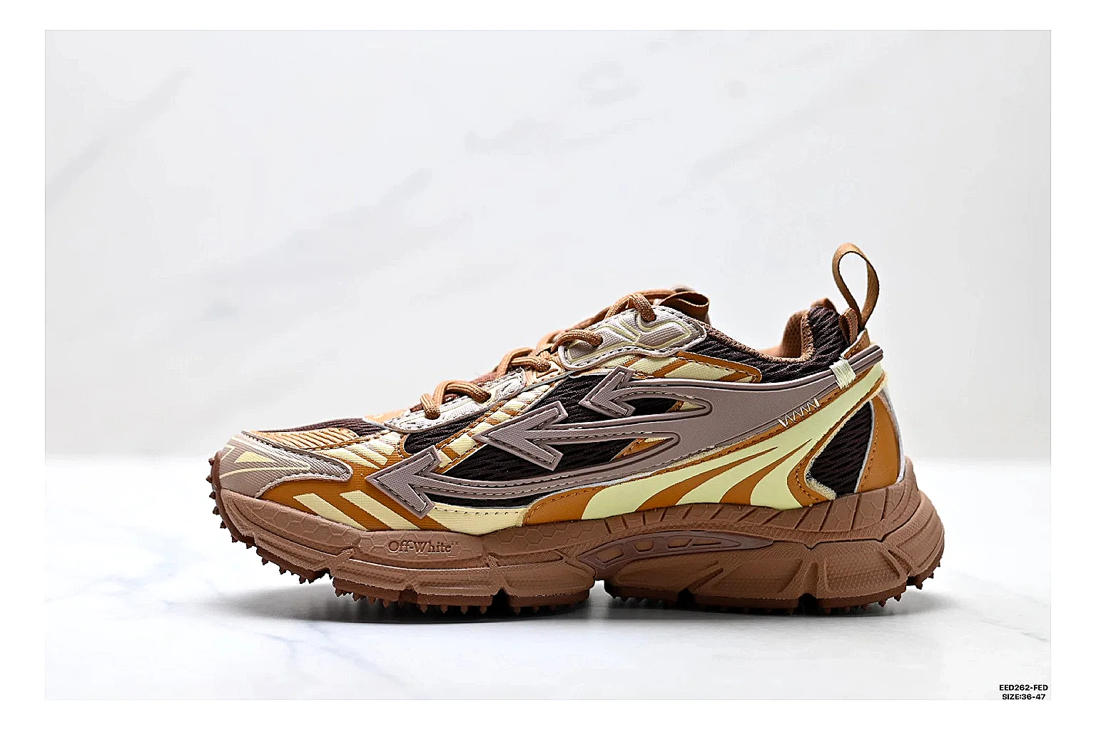 Trail Runner Brown Gold Sneaker QC reference photo showing brown gold mesh-suede runner upper, rugged trail profile, protective overlays, and traction sole thumbnail 6