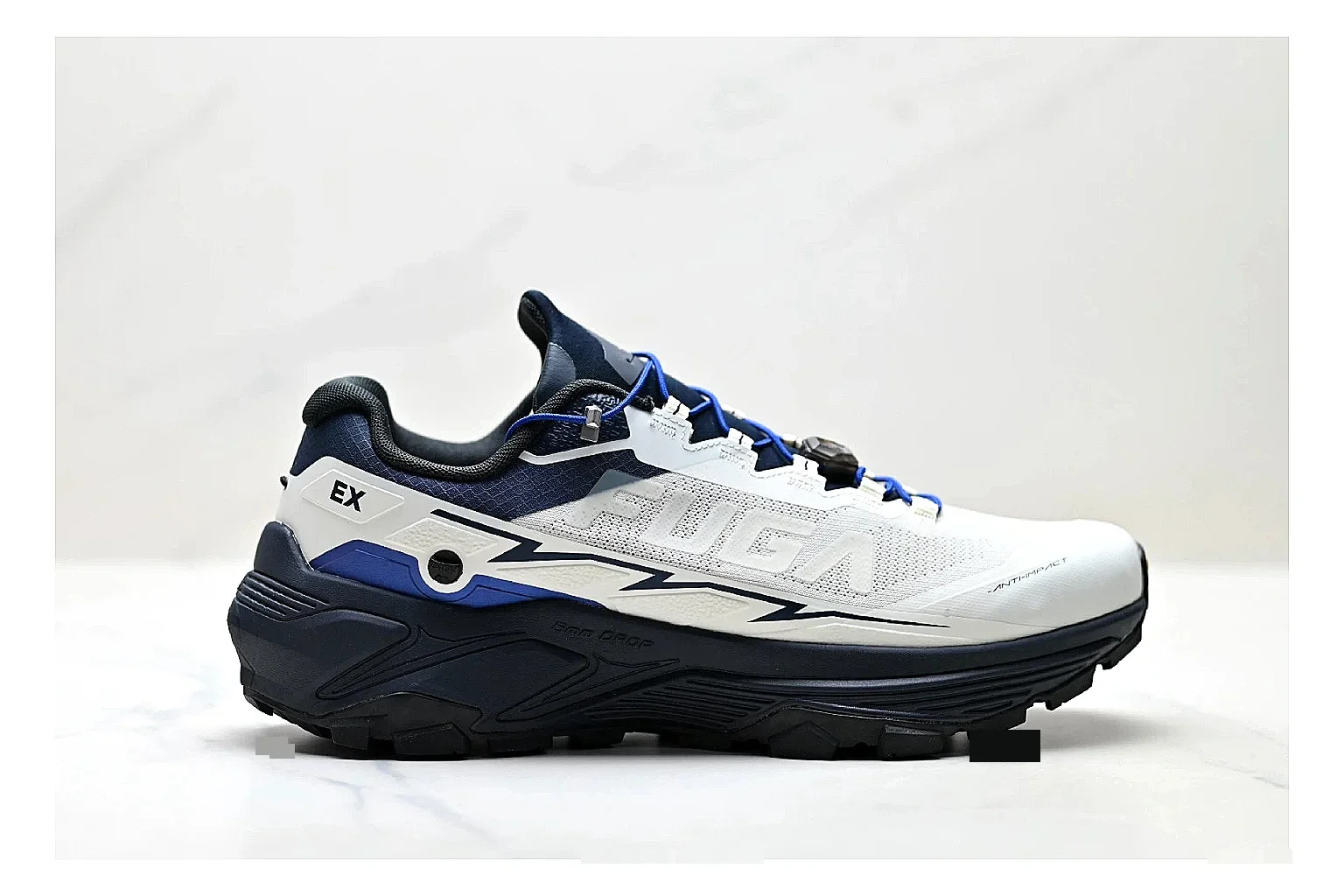 Trail Runner White Navy Sneaker QC reference photo showing white navy mesh-leather runner upper, rugged trail shape, protective overlays, and traction sole