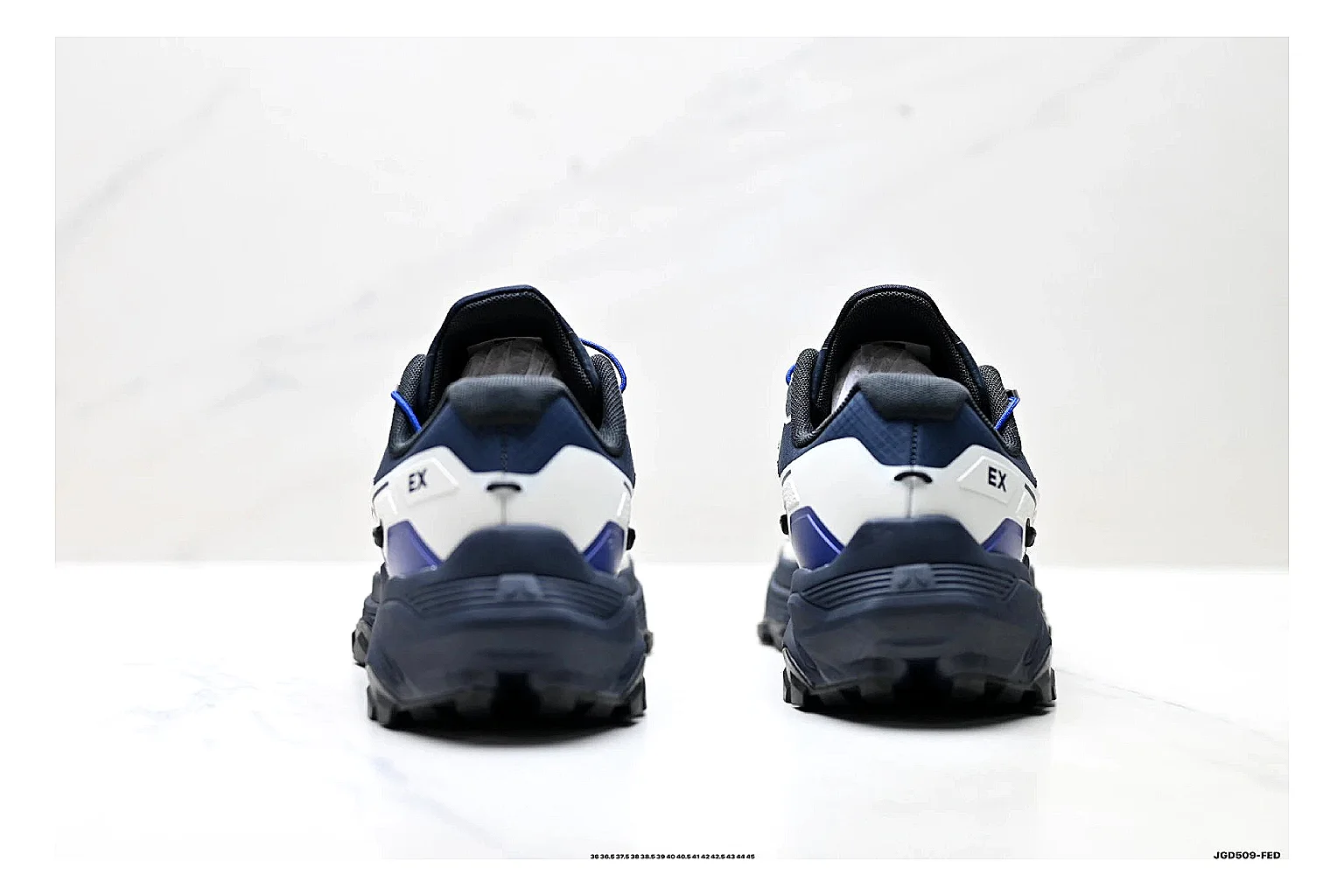 Trail Runner White Navy Sneaker QC reference photo showing white navy mesh-leather runner upper, rugged trail shape, protective overlays, and traction sole