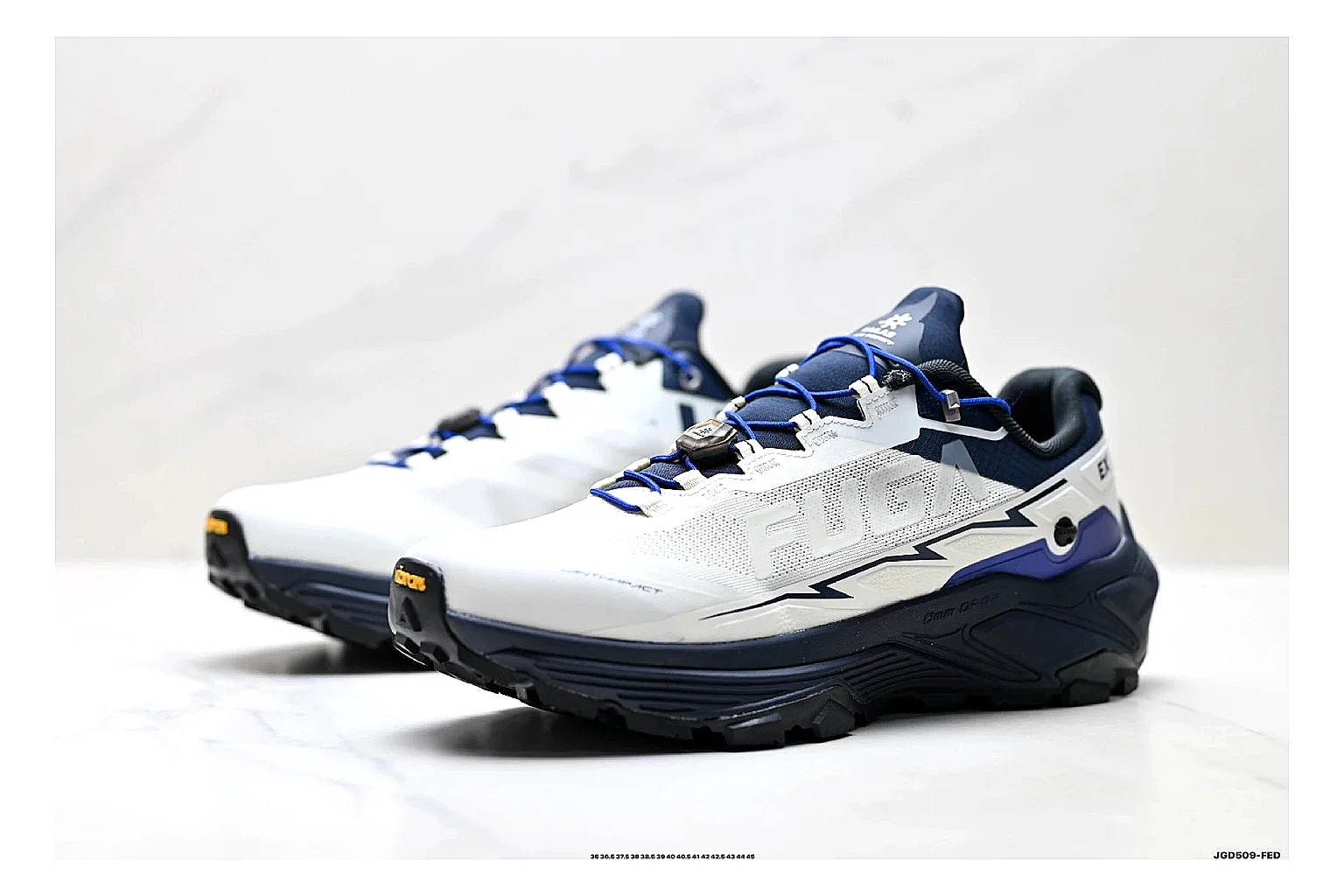 Trail Runner White Navy Sneaker QC reference photo showing white navy mesh-leather runner upper, rugged trail shape, protective overlays, and traction sole thumbnail 3