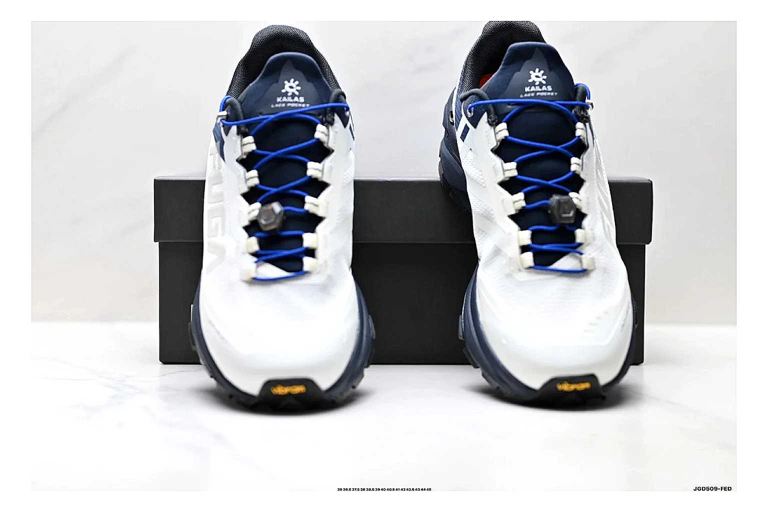 Trail Runner White Navy Sneaker QC reference photo showing white navy mesh-leather runner upper, rugged trail shape, protective overlays, and traction sole thumbnail 4