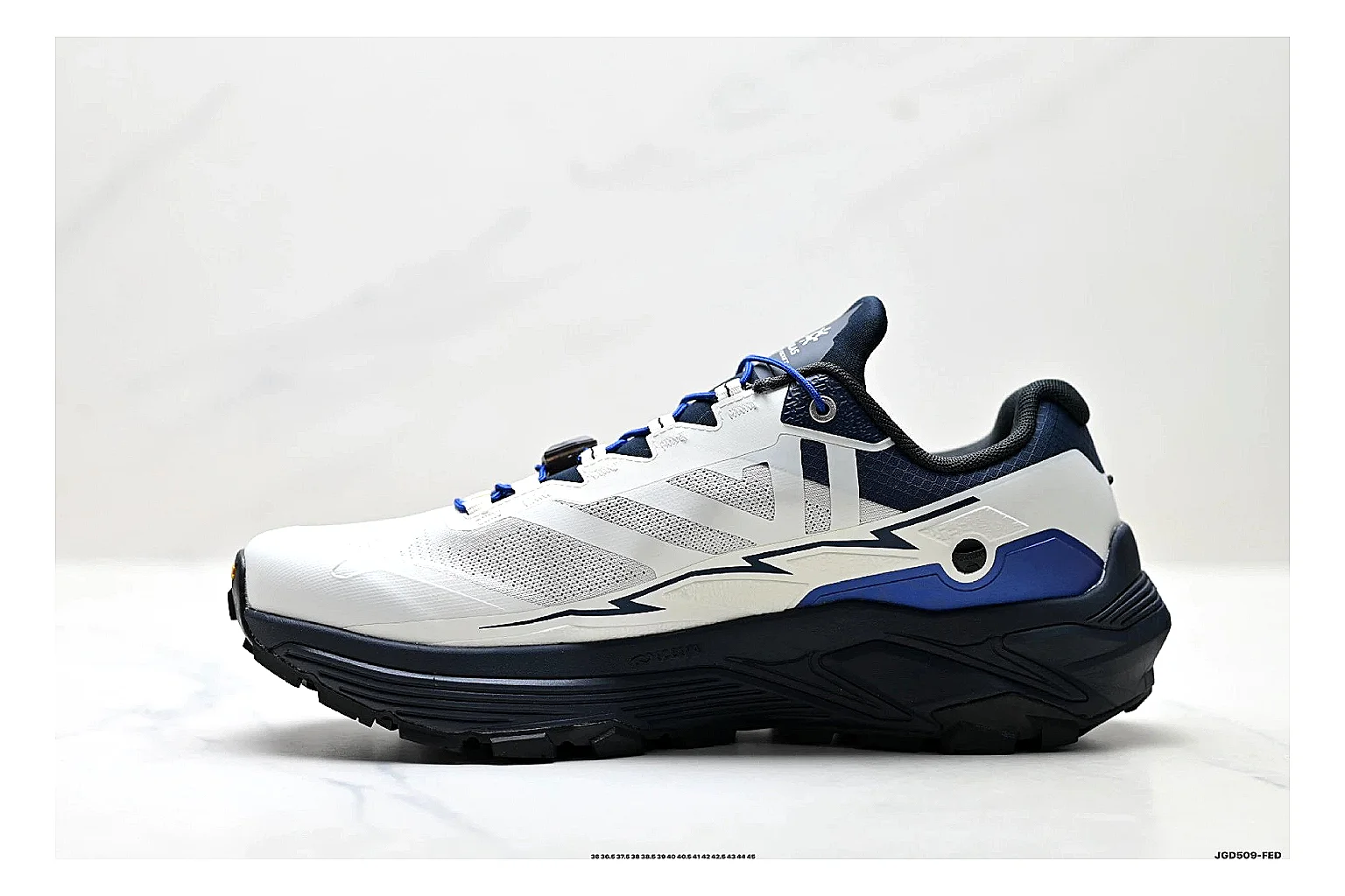Trail Runner White Navy Sneaker QC reference photo showing white navy mesh-leather runner upper, rugged trail shape, protective overlays, and traction sole thumbnail 6