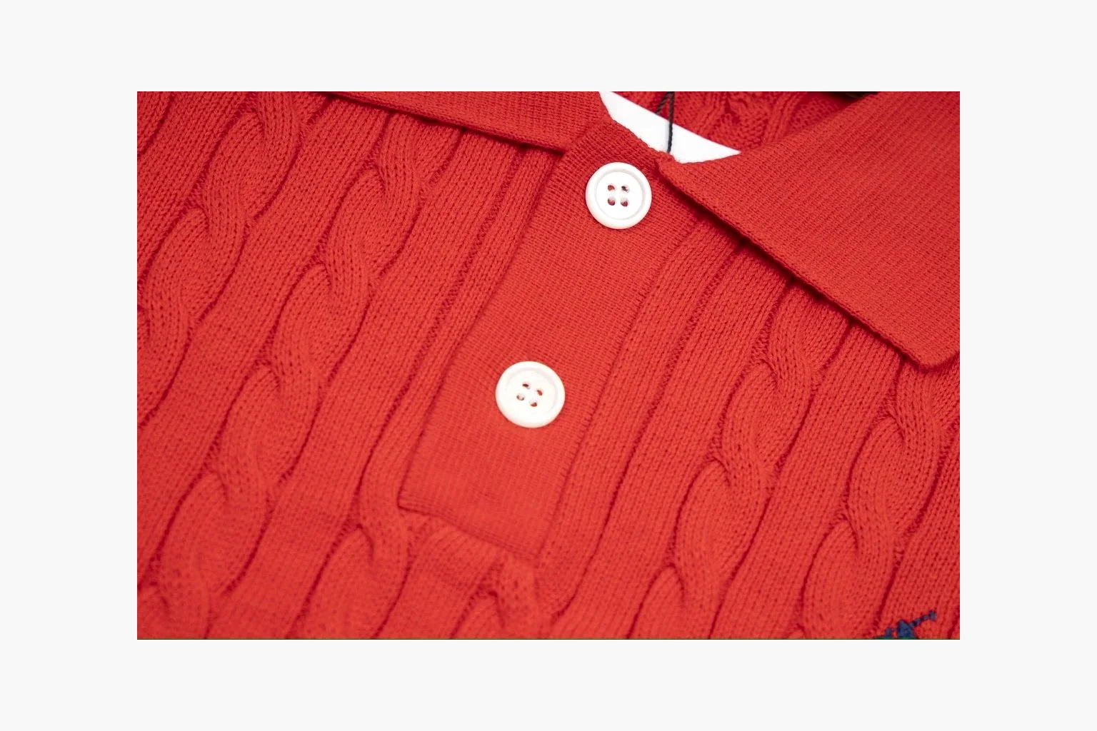 Red cable knit Polo shirt QC photo with collar and placket