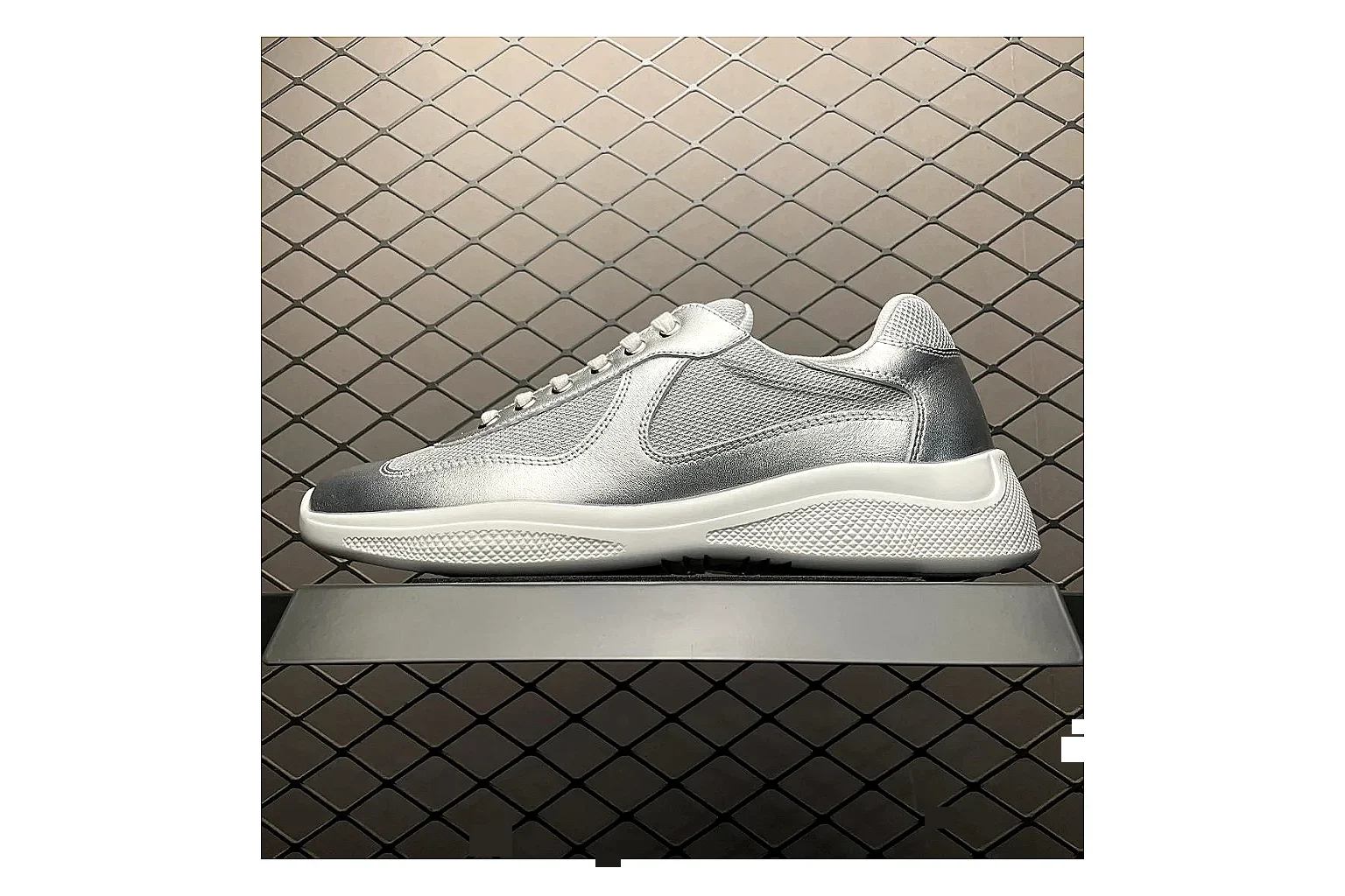 Prada America Cup Silver Sneaker QC photo showing silver america cup low-top with mixed upper and low top shape