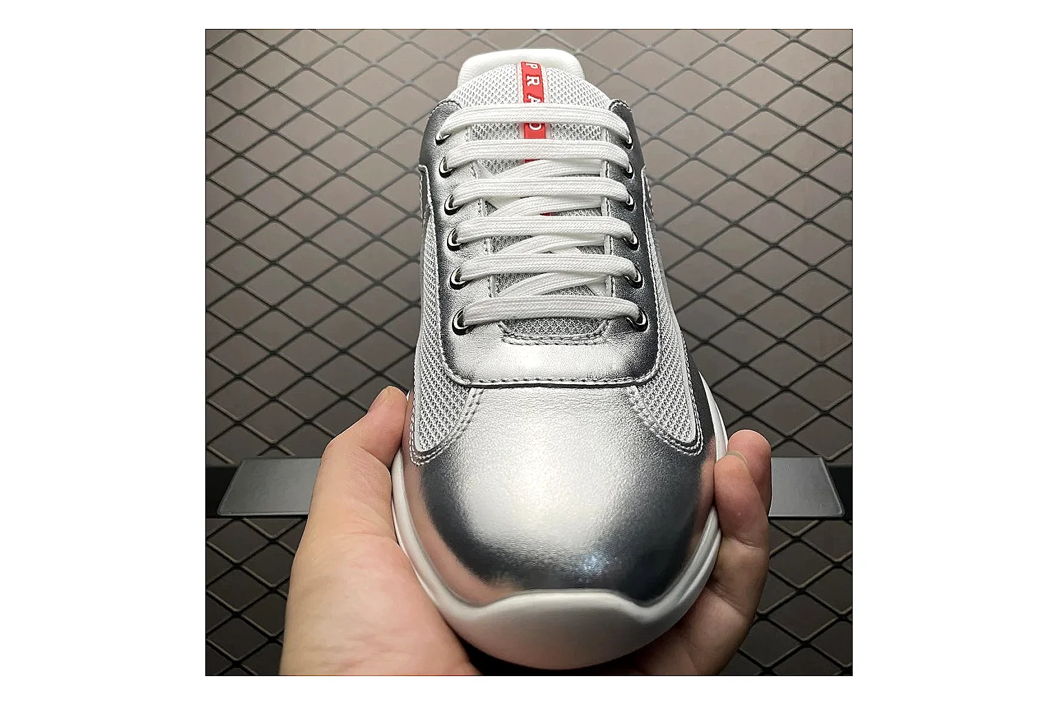 Prada America Cup Silver Sneaker QC photo showing silver america cup low-top with mixed upper and low top shape thumbnail 3