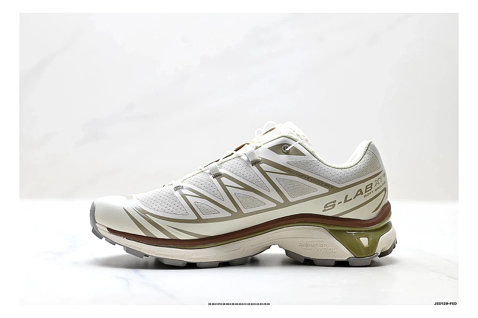 Salomon Xt Runner White Gold QC reference photo showing white mesh trail-runner upper, gold accents, speed-lace style structure, and rugged sole thumbnail 6