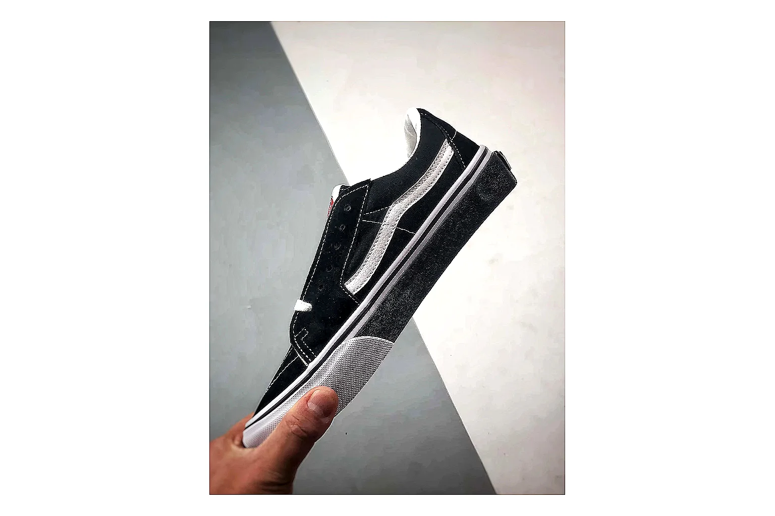 Vans Old Skool Black White QC reference photo showing black canvas-suede low-top upper, white side stripe, padded collar, and classic vulcanized skate sole thumbnail 2