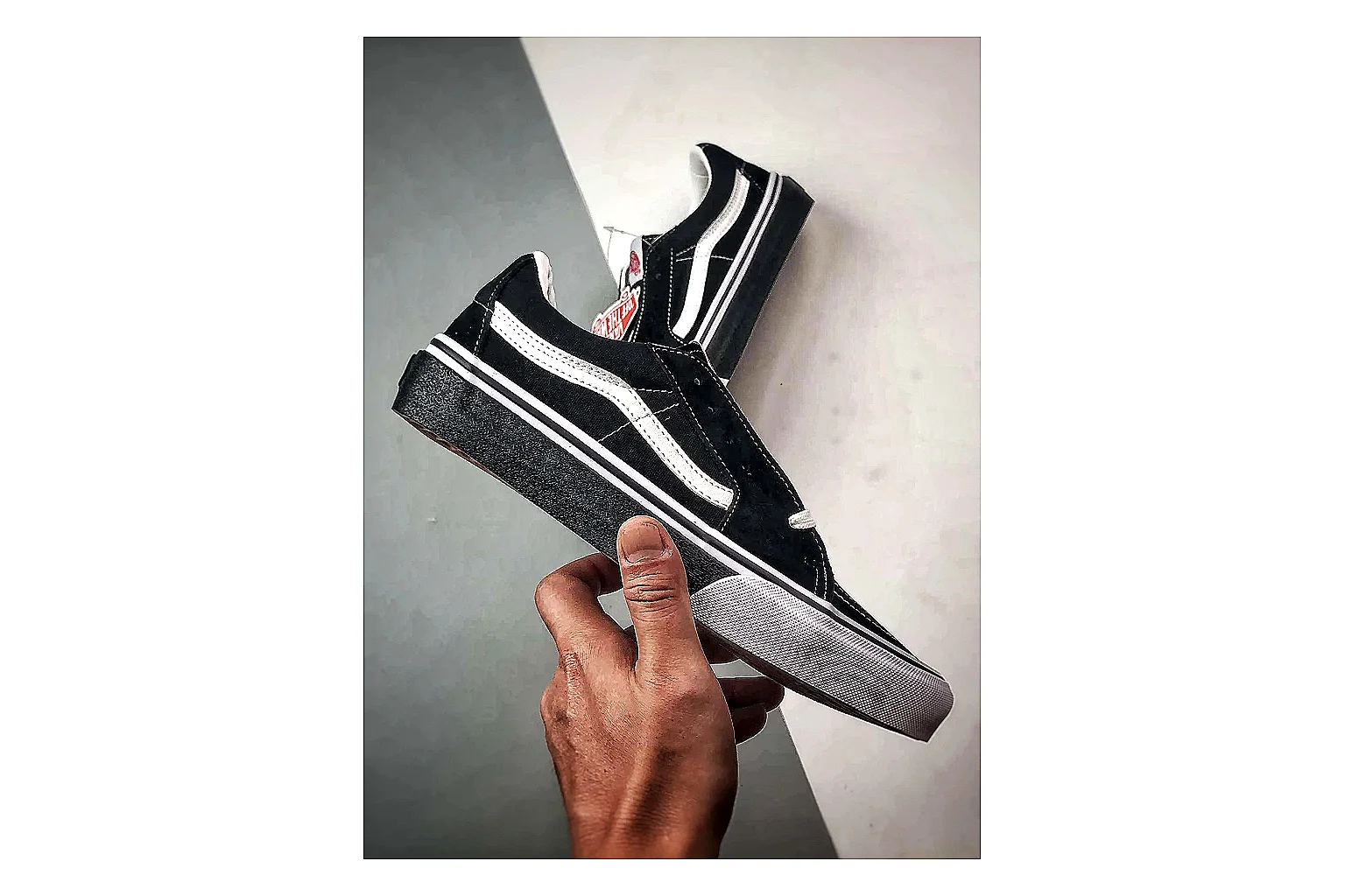 Vans Old Skool Black White QC reference photo showing black canvas-suede low-top upper, white side stripe, padded collar, and classic vulcanized skate sole thumbnail 3