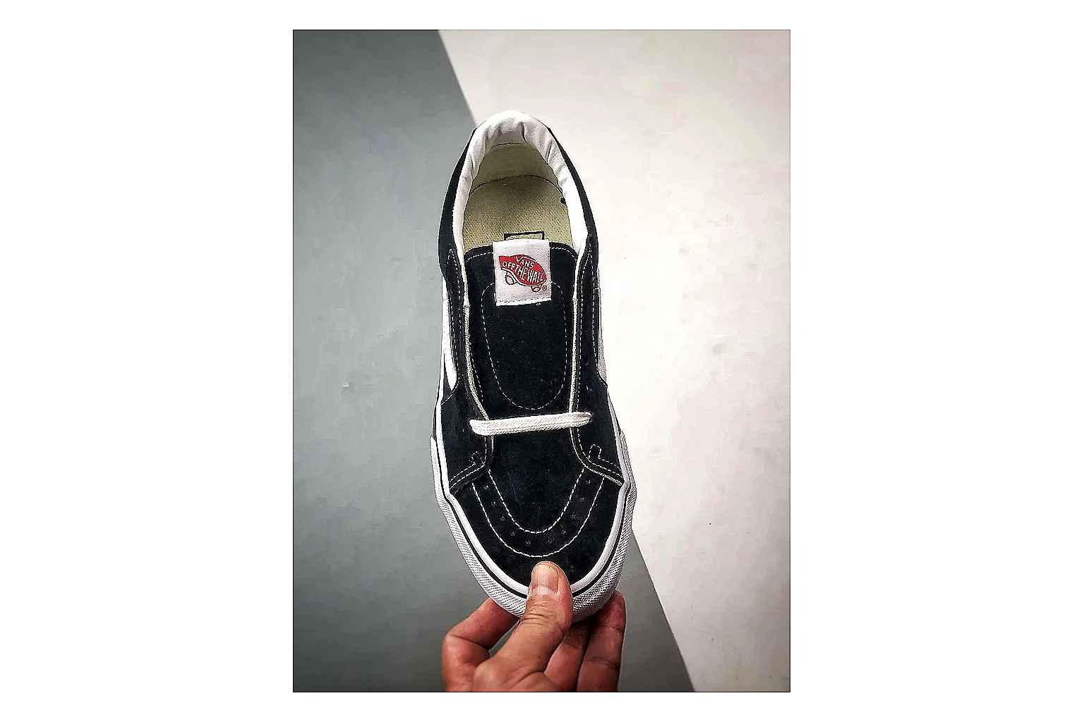 Vans Old Skool Black White QC reference photo showing black canvas-suede low-top upper, white side stripe, padded collar, and classic vulcanized skate sole thumbnail 5