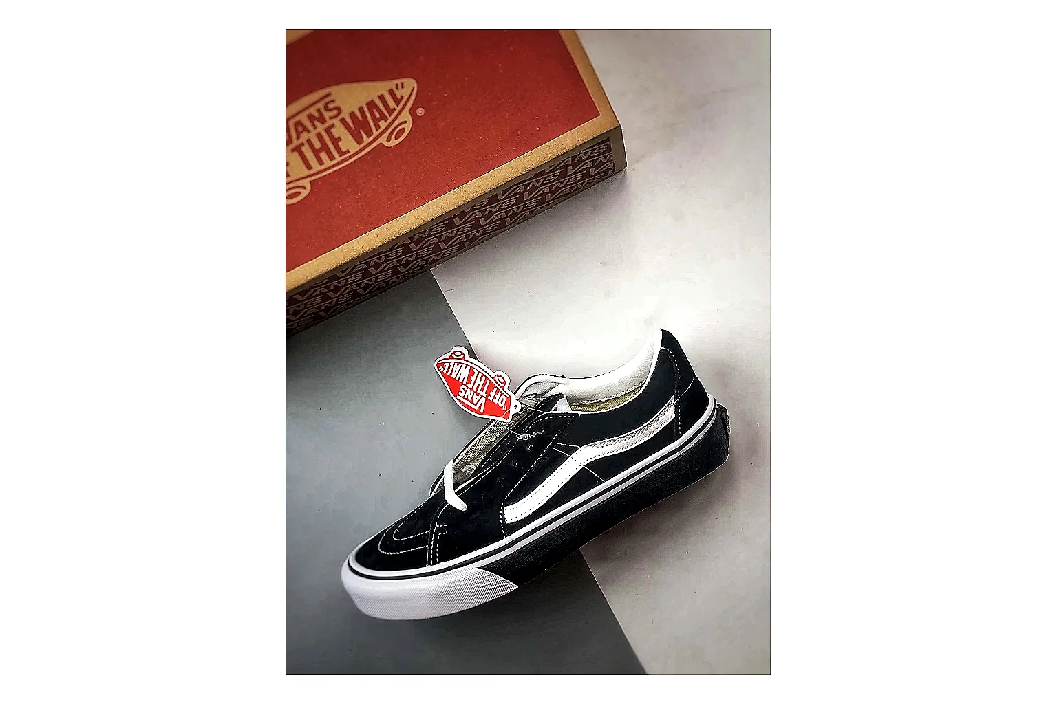 Vans Old Skool Black White QC reference photo showing black canvas-suede low-top upper, white side stripe, padded collar, and classic vulcanized skate sole thumbnail 6